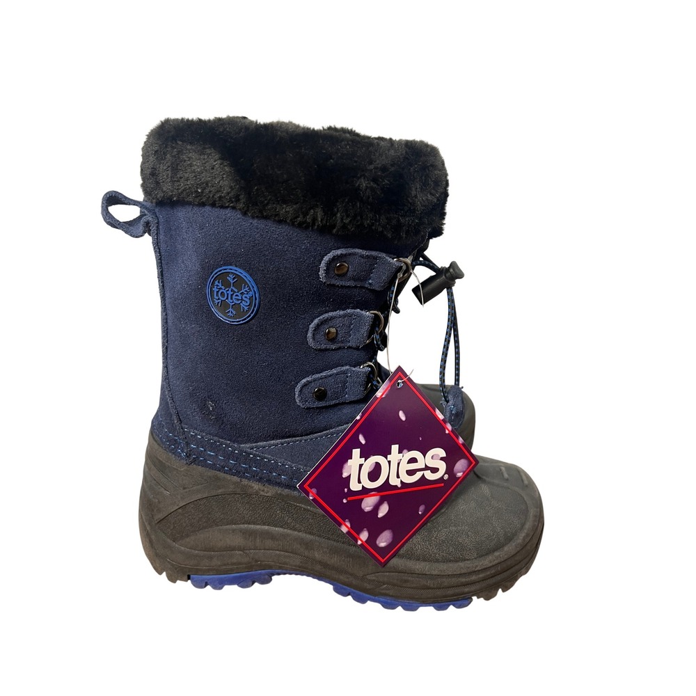 Totes Liam Snow Boots Kids 3 Navy Blue Suede Faux Fur Lined Waterproof Winter